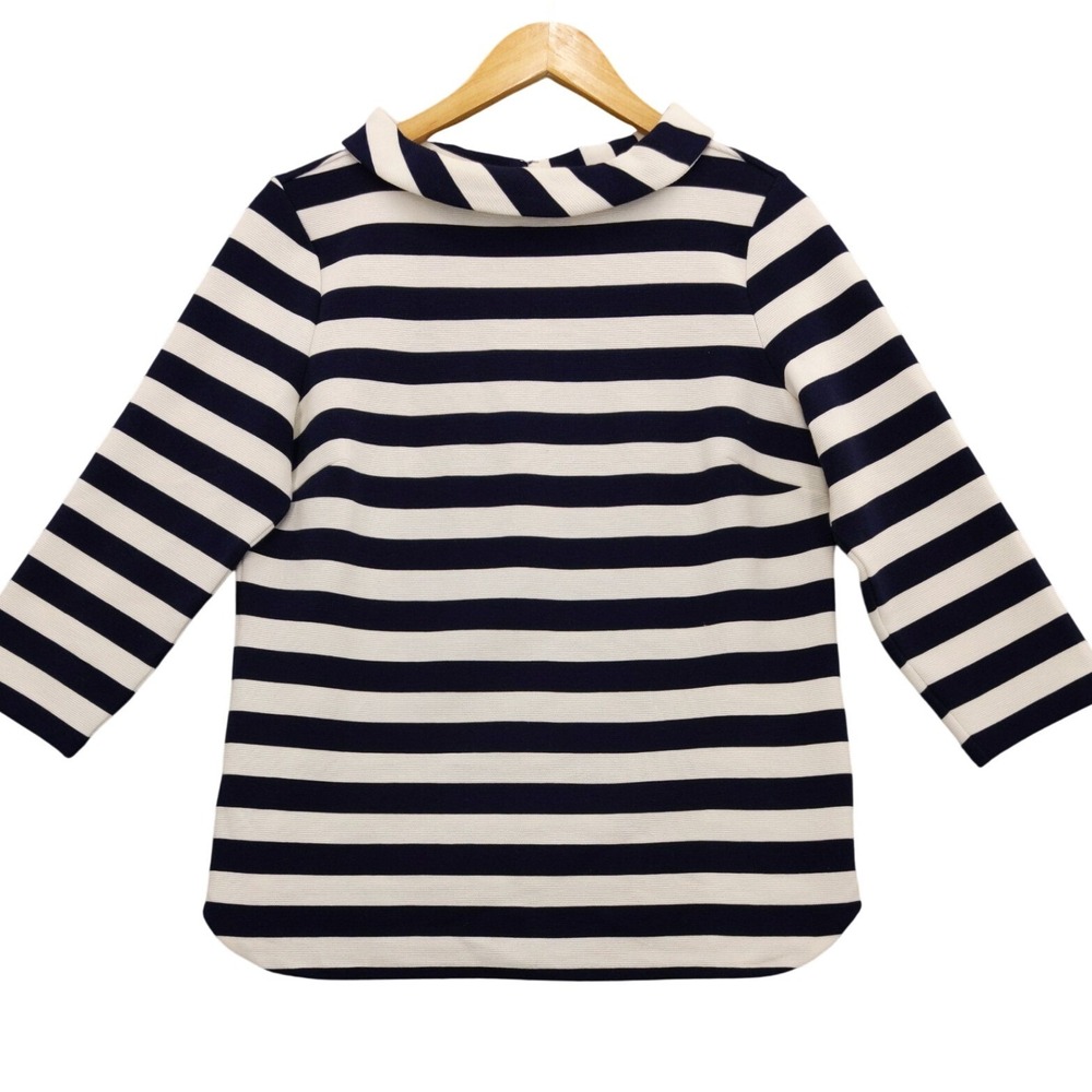Talbots Stripe Button Back Top Womens S Navy White 3/4 Sleeve Roll Collar Pique